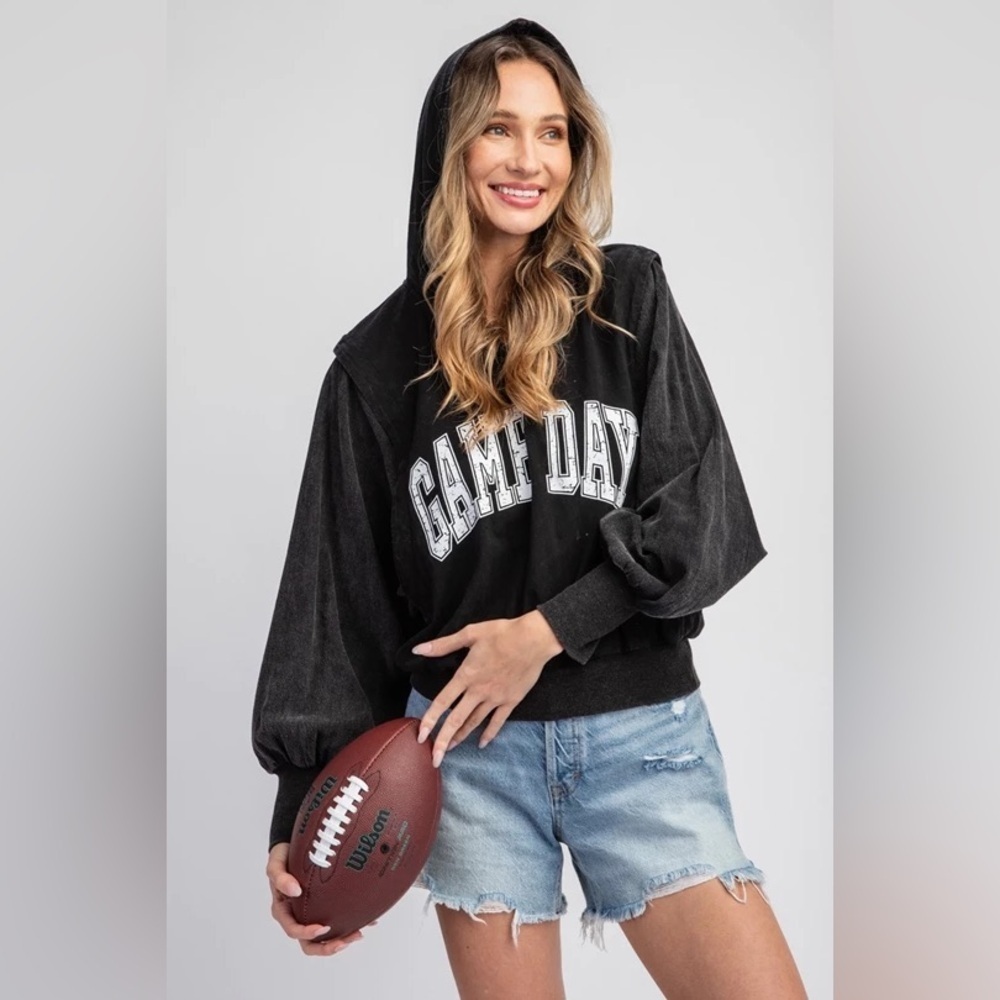 Eesome Game Day Sport Athletic Balloon Sleeve Washed Black Hoodie Sweatshirt - Picture 5 of 12